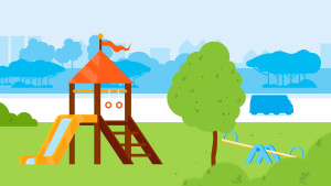Animatie van een speeltoestel met glijbaan, trap en ringen in een park met een wipwap.