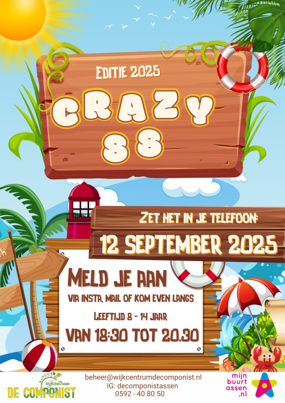 Poster voor Crazy 88 Editie 2025 met zomers strandthema, palmbomen en evenementinformatie voor kinderen van 8–14 jaar.
