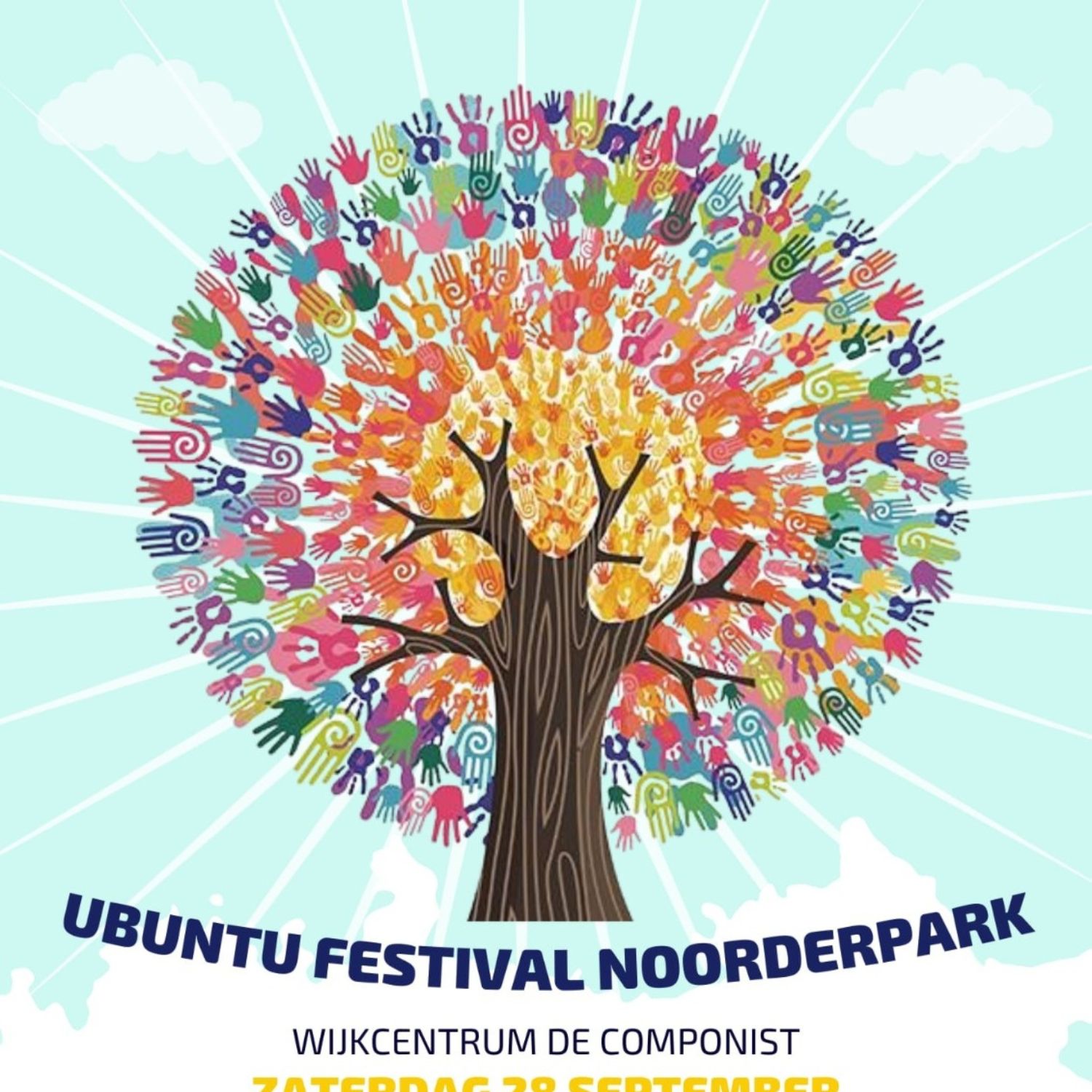 Een kleurrijke artistieke weergave van een boom met een diverse en levendige bladerkroon. De bladeren zijn afgebeeld met verschillende handafdrukken in meerdere kleuren, wat diversiteit en eenheid symboliseert. Onder de boom staat de tekst ‘UBUNTU FESTIVAL NOORDERPARK WIJKCENTRUM DE COMPONIST 7 SEPTEMBER RESERVEERD,’ wat aangeeft dat de afbeelding waarschijnlijk een evenement promoot genaamd Ubuntu Festival in Noorderpark, georganiseerd door Wijkcentrum De Componist op 7 september, met reserveringen vereist. De achtergrond toont een lichtblauwe lucht met verspreide witte wolken, wat bijdraagt aan de vrolijke en gemeenschappelijke sfeer van de afbeelding.”