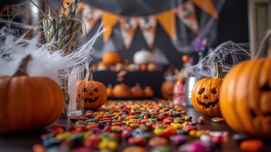 Op de afbeelding zie je verschillende griezelige pompoenen. Op de tafel liggen snoepjes en op de achtergrond zie je een oranje halloween slinger hangen.