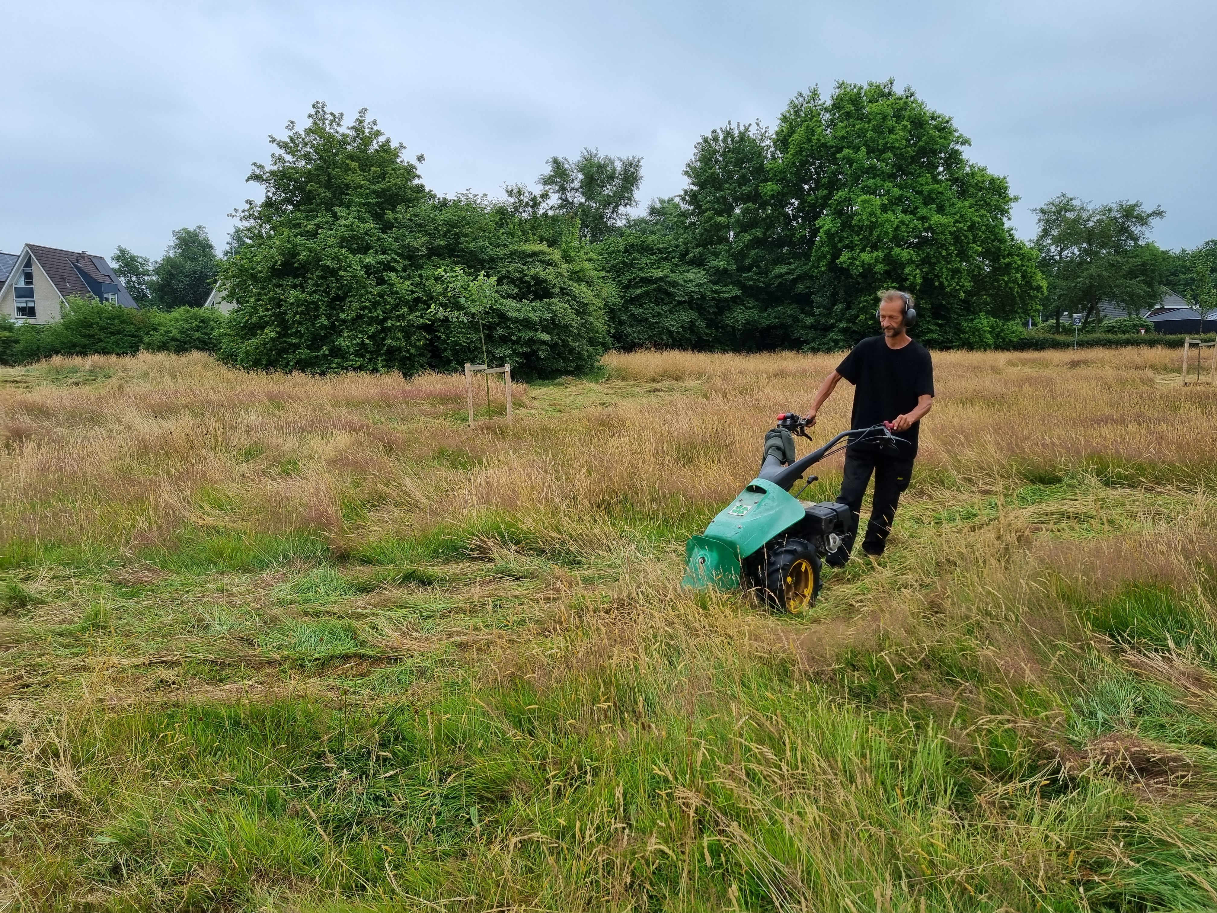 Persoon in een zwarte outfit en een pet bedient een groene en zwarte hooimachine in het veld met hoog, door gras. Op de achtergrond zijn groene bomen en een huis gedeeltelijk zichtbaar. De lucht is bewolkt.