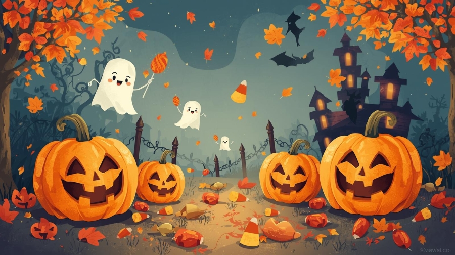 Halloween scène met pompoenen, snoep, vriendelijke spoken en een spookhuis op de achtergrond.
