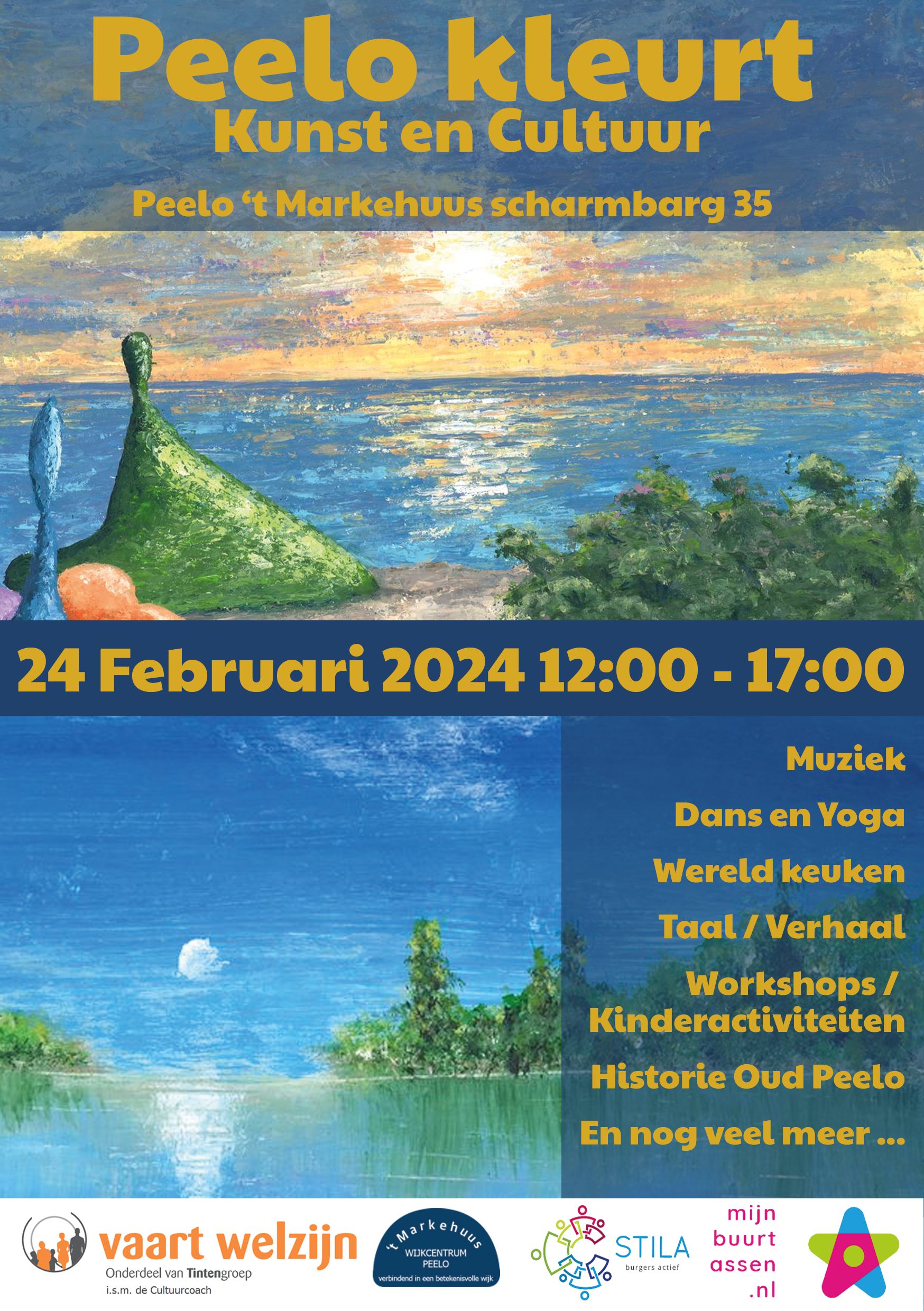 Programma Peelo Kleurt. afbeelding van geschilderde kunst. Blauwe zee en blauwe lucht met de zon.