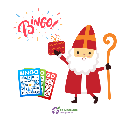 Illustratie van een sinterklaas. Boven hem staat het woord Bingo met daaronder drie bingokaarten.