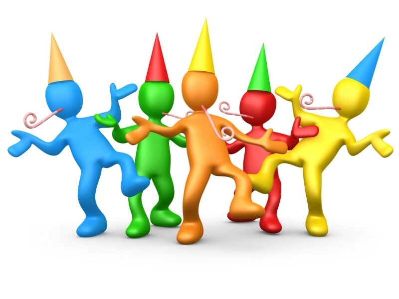 Op de afbeelding zie je 5 poppetjes met feestmutsen in verschillende kleuren