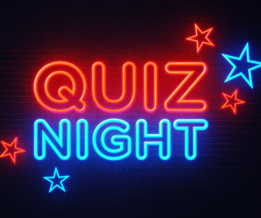 Neon letters in de kleur rood en blauw. de letters spellen 'quiz night' met daaromheen 3 rode neon sterren en 2 blauwe neon sterren.