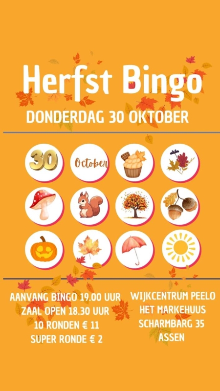 Poster voor herfst bingo op donderdag 30 oktober met herfstillustraties